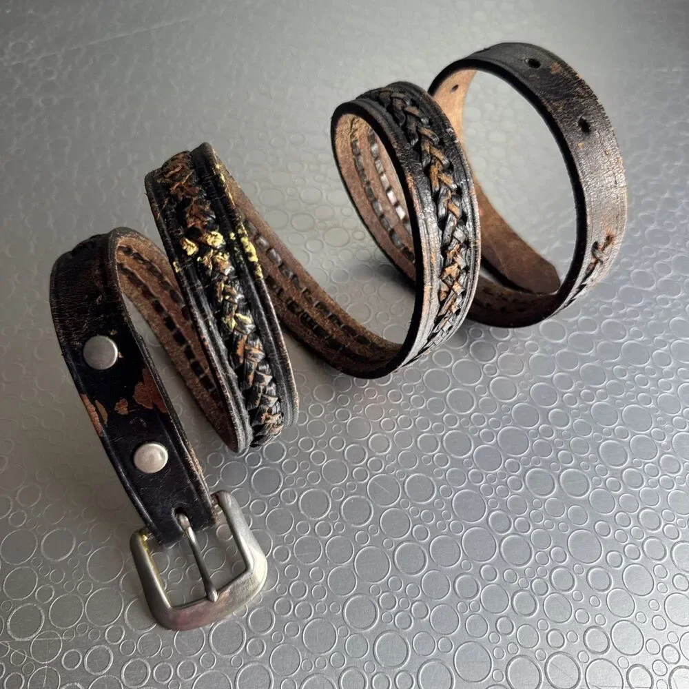 Vintage Distressed Black Leather Braided Belt Snap Interchangeable Western Sz 36